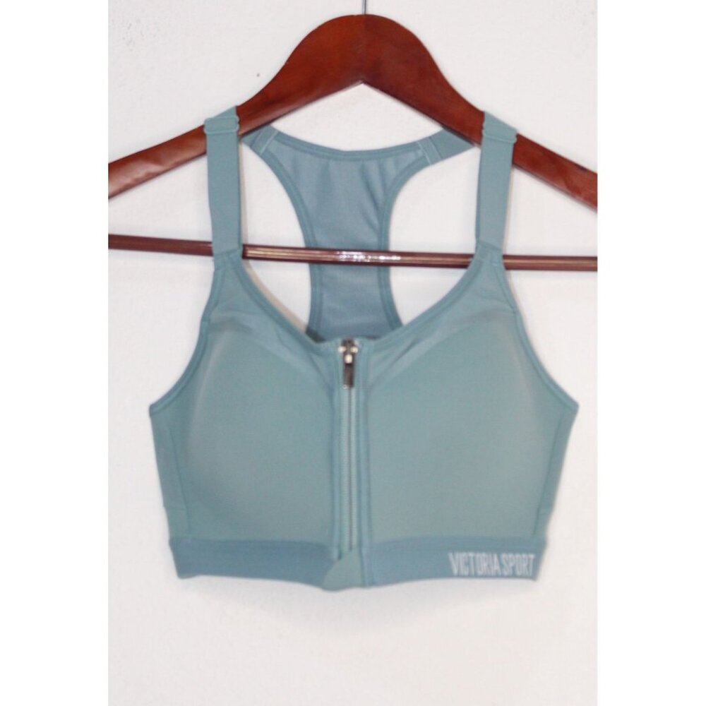 Victoria‎ Sport Sports Bra 32 D Blue Green Zipper Front Workout Yoga Athletic